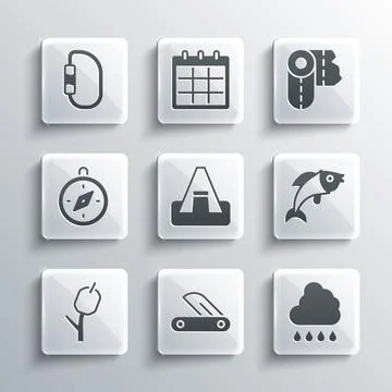 Set Swiss army knife, Cloud with rain, Fish, Tourist tent, Marshmallow on stick Stock Illustration