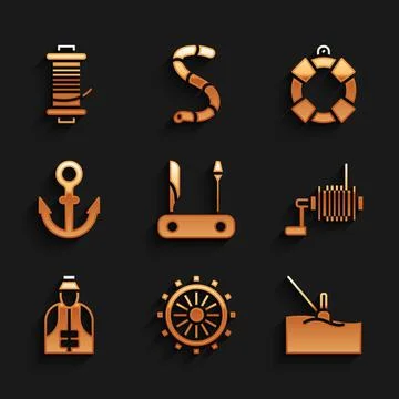 Set Swiss army knife, Ship steering wheel, Fishing float water, Spinning reel Stock Illustration