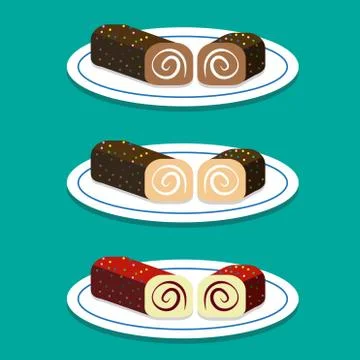 Set of Swiss roll on dish in flat style Stock Illustration