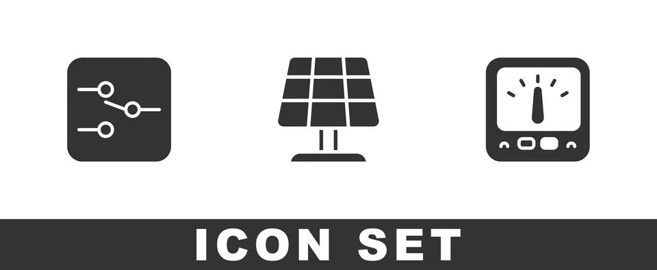 Set Switch in electronic circuit, Solar energy panel and Ampere meter Illustrazione stock