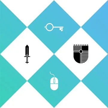 Set Sword for game, Computer mouse, Ancient key and Shield icon. Vector Stock Illustration