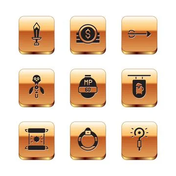 Set Sword for game, Decree, parchment, scroll, Magic stone ring, Video bar Stock Illustration
