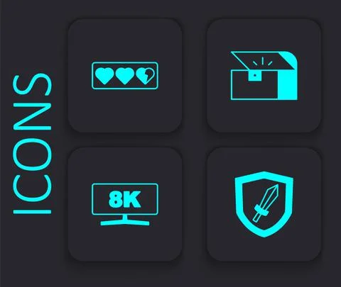 Set Sword for game, Game life bar, Chest and Computer monitor icon. Black square Stock Illustration