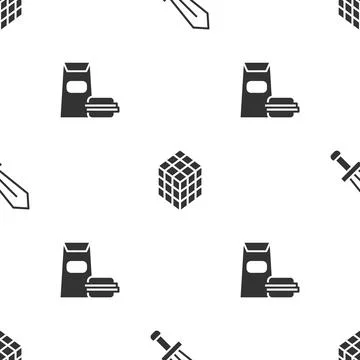 Set Sword for game, Rubik cube and Burger on seamless pattern. Vector Illustrazione stock