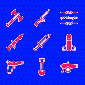 Set Sword, Sapper shovel, Cannon, Rocket, Pistol gun, launcher, Barbed wire and Stock Illustration