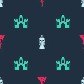 Set Sword in the stone, Medieval iron helmet and Castle, fortress on seamless Ilustración de archivo