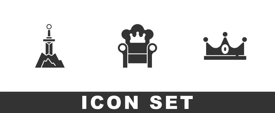 Set Sword in the stone, Medieval throne and King crown icon. Vector Stock Illustration