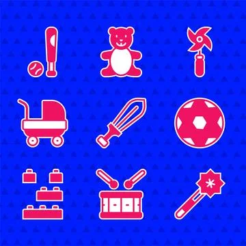 Set Sword toy, Drum with drum sticks, Magic wand, Soccer football ball, Toy Stock Illustration