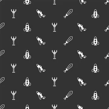 Set Sword toy, Rocket ship, Rake and Toy plane on seamless pattern. Vector Stock Illustration