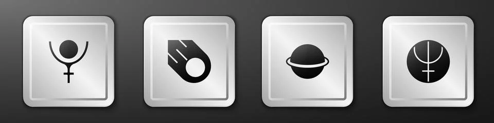 Set Symbol Pluto, Comet, Planet Saturn and Neptune planet icon. Silver square Stock Illustration