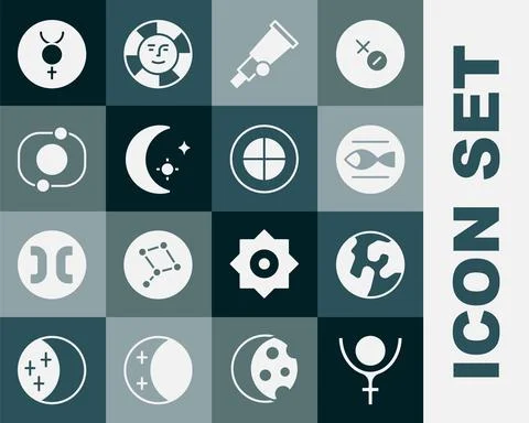 Set Symbol Pluto, Earth globe, Pisces zodiac, Telescope, Moon and stars, Solar Stock Illustration