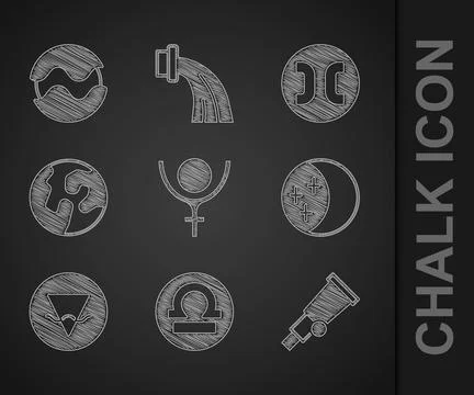 Set Symbol Pluto, Libra zodiac, Telescope, Eclipse of the sun, Earth element Stock Illustration