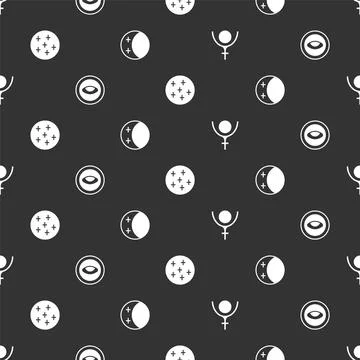 Set Symbol Pluto, Medallion with eye, Full moon and Eclipse of the sun on sea Ilustração Stock