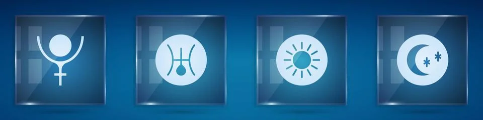 Set Symbol Pluto, Uranus, Sun and Moon and stars. Square glass panels. Vector Stock Illustration