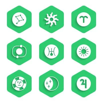 Set Symbol Uranus, Eclipse of the sun, Jupiter, Sun, Solar system, Aries zodiac 스톡 일러스트
