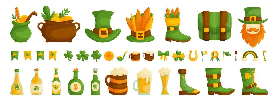 Set of symbols and elements for St. Patrick's Day. Bottles of beer, glasses.. Stock Illustration