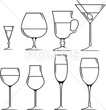 Set of symbols and icons glasses for alcoholic drinks Stock Illustration