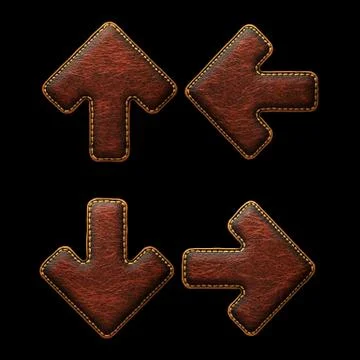 Set of symbols up, to down arrow and left, right arrow made of leather. 3D Stock Illustration