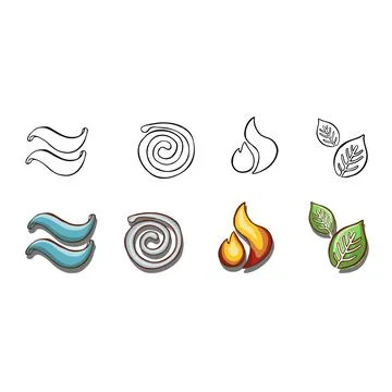 Set of symbols of the elements, air, water, earth, fire. hand drawn texture Stock Illustration