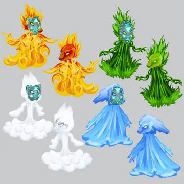 Set of symbols of the elements of water, air, earth and fire, isolated on a gray Stock Illustration