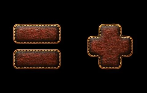 Set of symbols equals and plus made of leather. 3D render font with skin texture Illustrazione stock