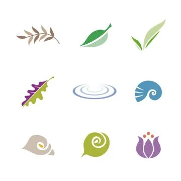 Set of symbols (leaf, shell, flower and ripple) Stock Illustration
