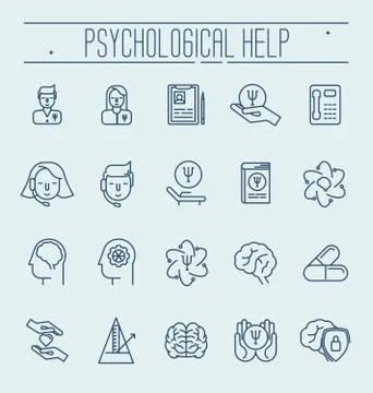 Set symbols of psychological help. Vector thin line illustration. Illustrazione stock