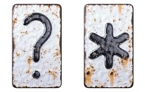 Set of symbols question mark and asterisk made of forged metal on the background Stock Illustration