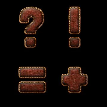 Set of symbols question mark, exclamation mark, equals, plus made of leather. 3D Illustrazione stock