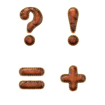 Set of symbols question mark, exclamation mark, equals, plus made of leather. 3D Stock Illustration