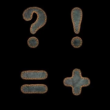 Set of symbols question mark, exclamation mark, equals, plus made of leather. 3D Stock Illustration
