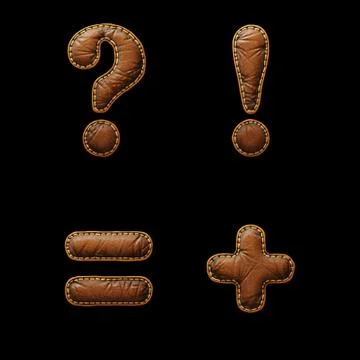 Set of symbols question mark, exclamation mark, equals, plus made of leather. 3D Stock Illustration