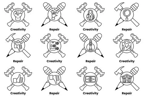 A set of symbols that represent different concepts such as creativity, repair Stock Illustration