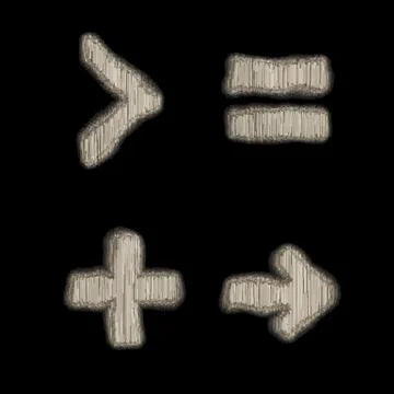 Set of symbols right angle bracket, equals, plus, arrow made of industrial metal Stock Illustration