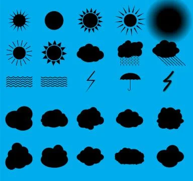 Set of symbols: Sun, Clouds, Thunderstorm, Umbrella. Vector Illu Stock Illustration
