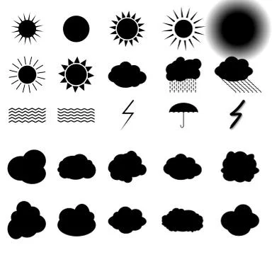 Set of symbols: Sun, Clouds, Thunderstorm, Umbrella. Vector Illu Stock Illustration