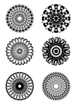 Set of symmetric circle patterns in black and white design Stock Illustration