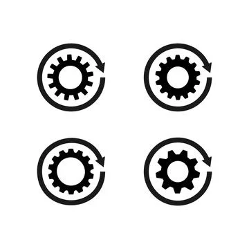 Set of sync process icons. Gear sign in arrow. Gear rotate. Cogwheel vector. Stock Illustration