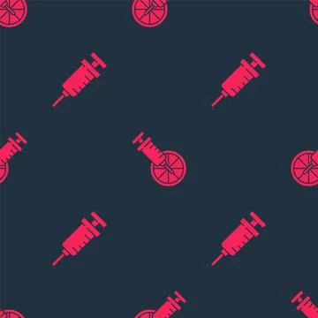 Set Syringe and Genetically modified orange on seamless pattern. Vector Illustrazione stock