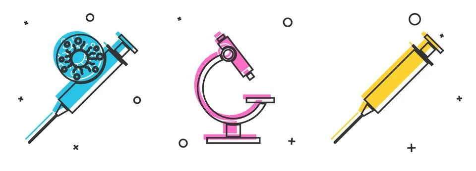 Set Syringe and virus, Microscope and Syringe icon. Vector Stock Illustration