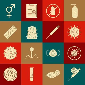 Set Syringe and virus, Stop, Virus, No handshake, Rabies, Pills blister pack, Stock Illustration