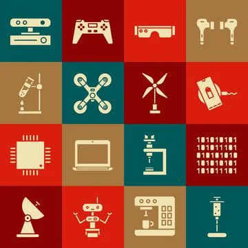 Set Syringe, Binary code, Wireless charger, Smart glasses, Drone flying, Test Stock Illustration