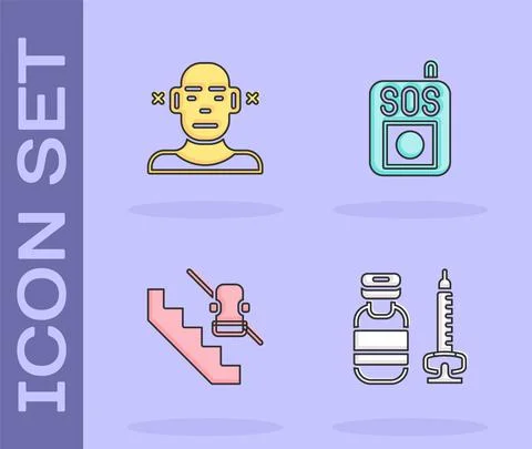 Set Syringe, Deaf, Disabled elevator and Press the SOS button icon. Vector Stock Illustration