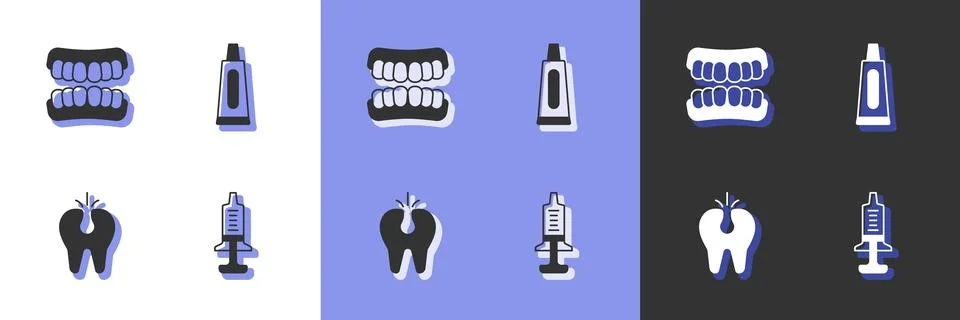 Set Syringe, Dentures model, Broken tooth and Tube of toothpaste icon. Vector 스톡 일러스트