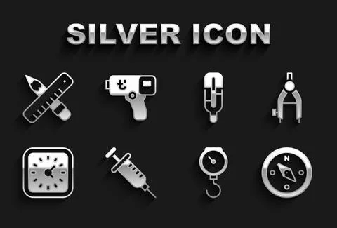 Set Syringe, Drawing compass, Compass, Hand scale spring mechanical, Clock Illustrazione stock