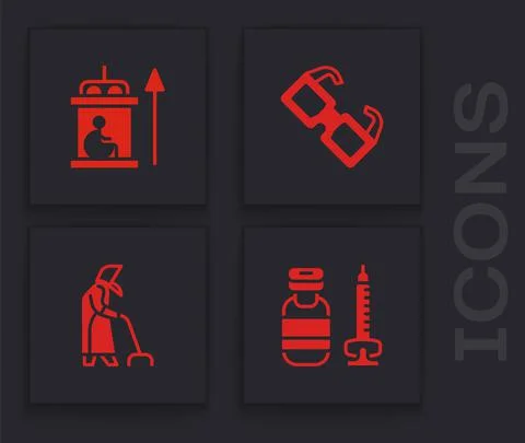Set Syringe, Elevator for disabled, Eyeglasses and Grandmother icon. Vector Stock Illustration