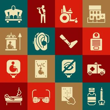Set Syringe, Emergency car, Intercom, Electric wheelchair, Hearing aid, Elevator Ilustración de archivo