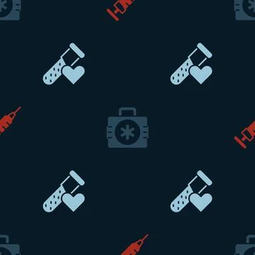 Set Syringe, First aid kit and Test tube with blood on seamless pattern. Vector イラスト素材