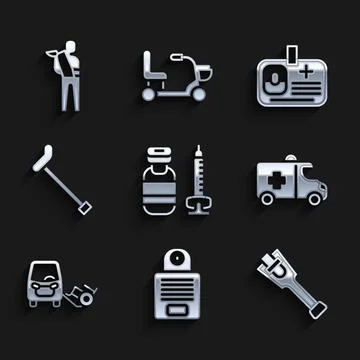 Set Syringe, Intercom, Prosthesis leg, Emergency car, Disabled, Walking stick Illustration