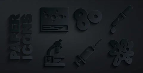 Set Syringe, Pipette, Microscope, Cell, division and Chemical formula icon Stock Illustration